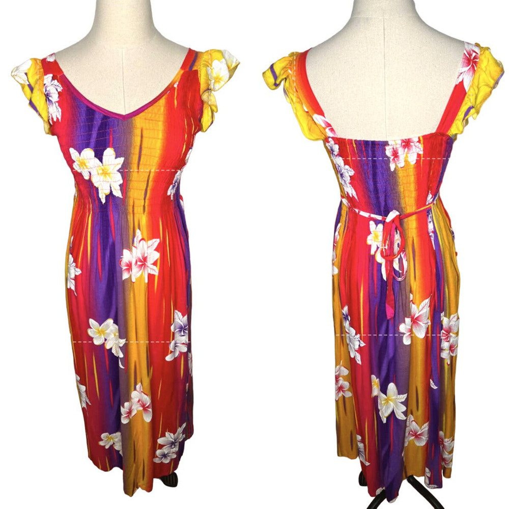 Vintage 80s Hawaiian S Rayon Dress V-Neck Ruffle Sleeves RAINBOW Red purple 2 4